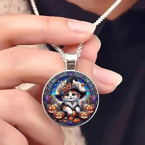 Silver HALLOWEEN CAT Glass Cabochon Pendant Necklace - Picture 2 of 3